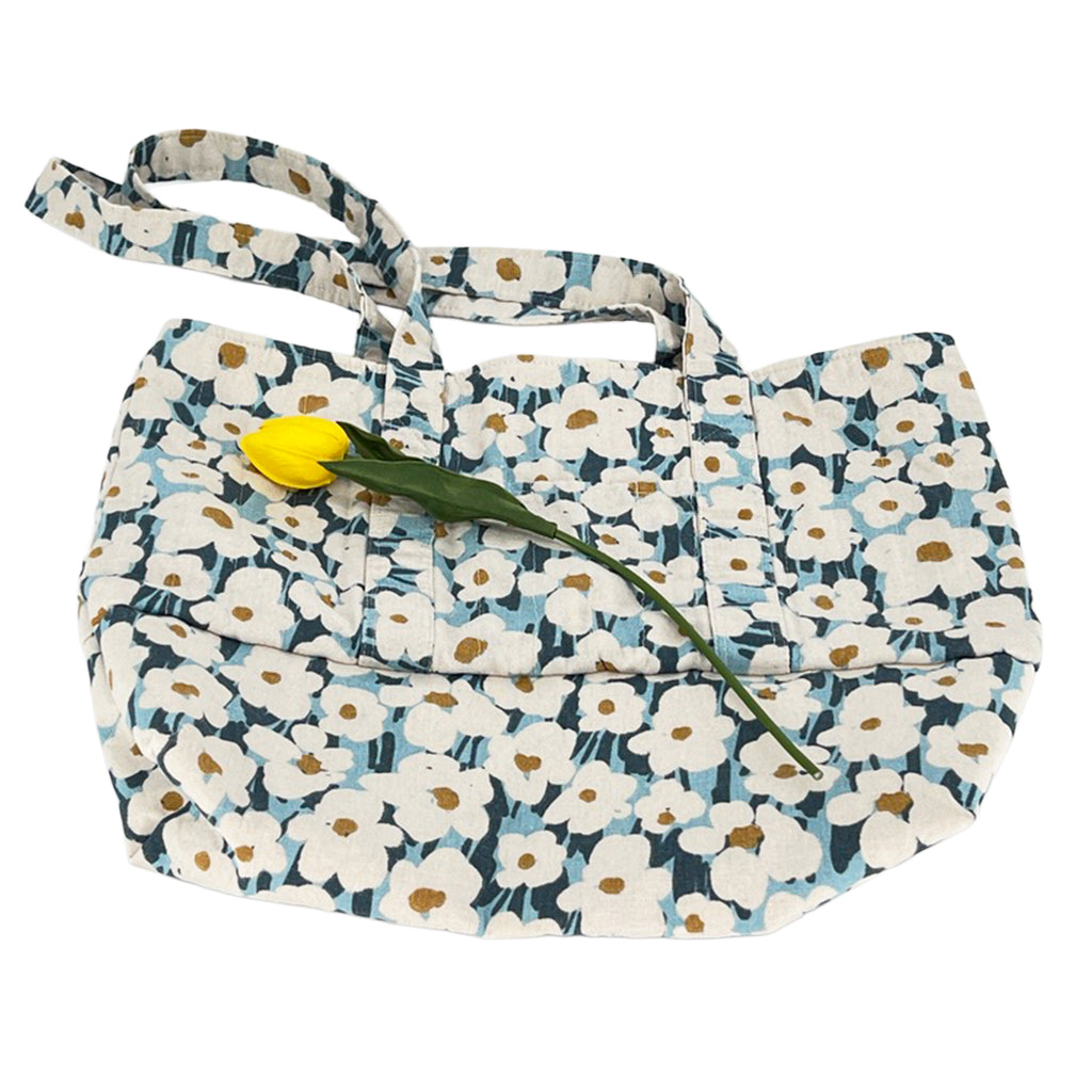 Weekender Bag, Tote Bag, Book Bag or Overnight Bag with Exterior Pockets Blue and White Flowers