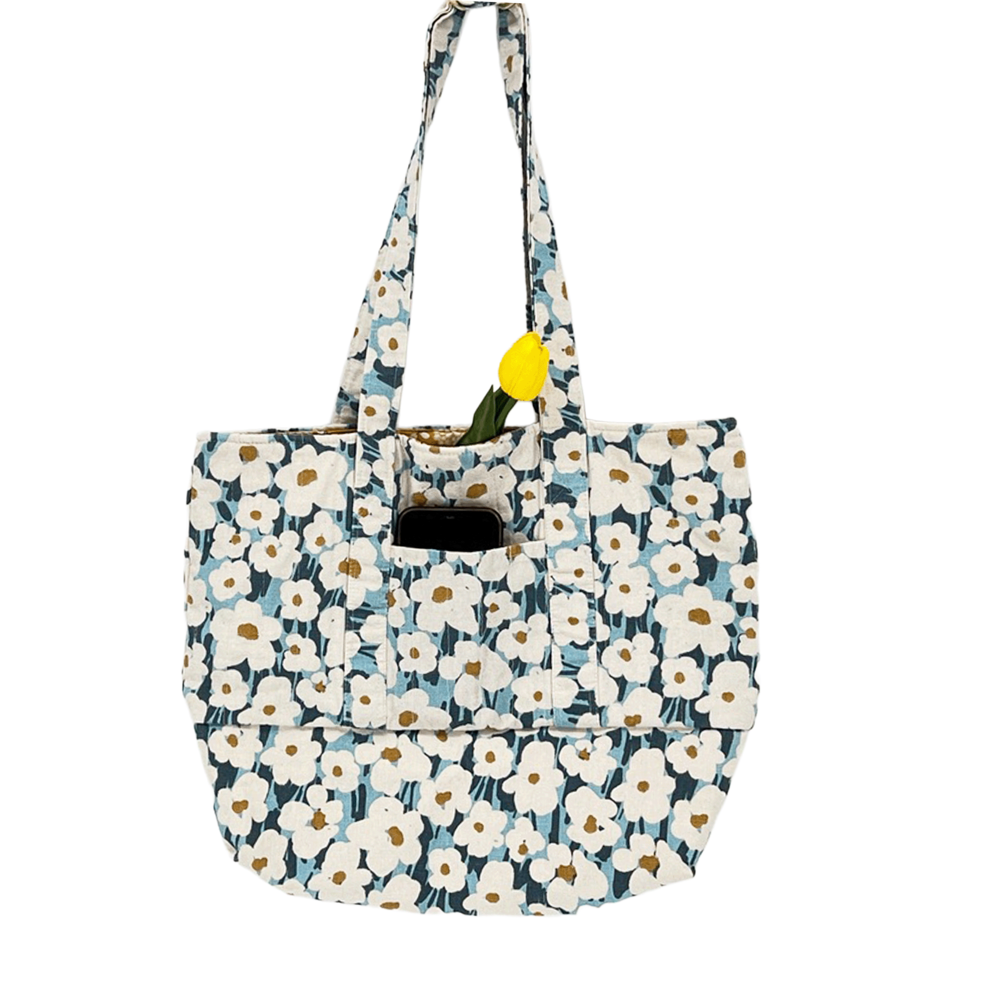 Weekender Bag, Tote Bag, Book Bag or Overnight Bag with Exterior Pockets Blue and White Flowers