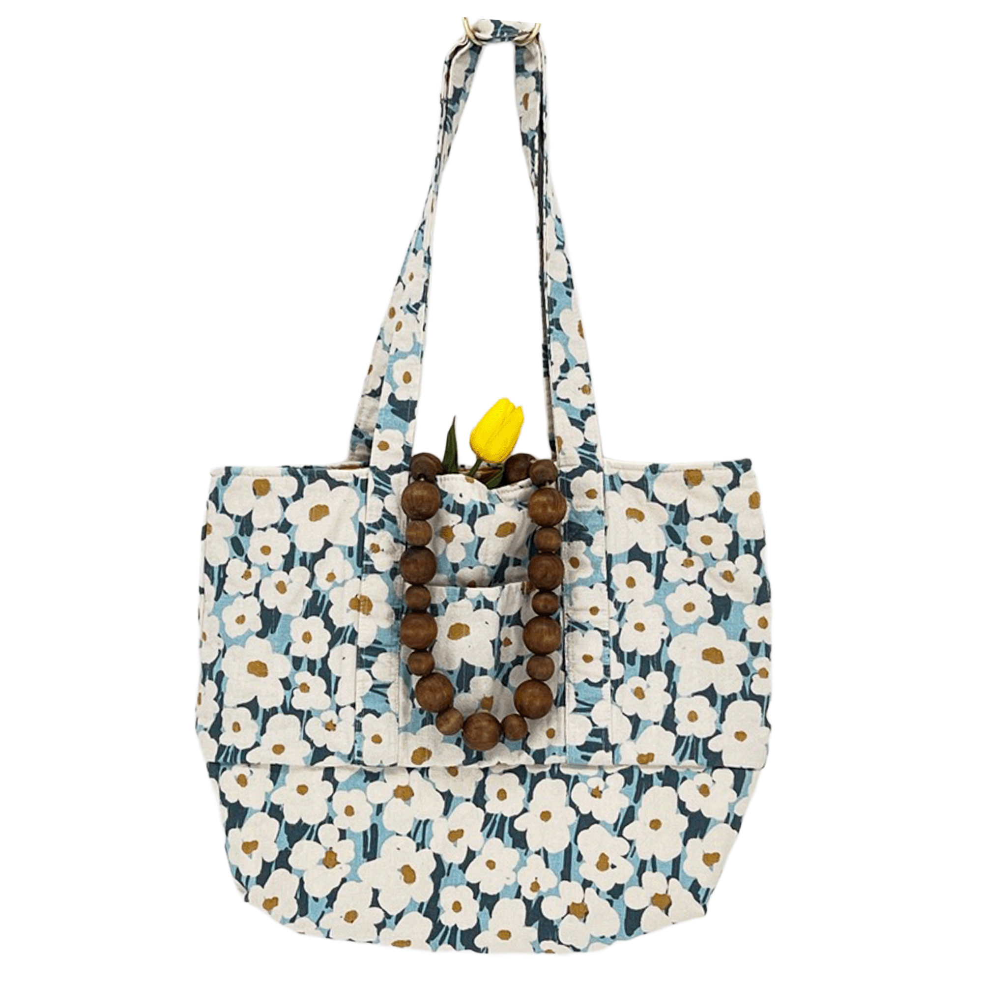 Weekender Bag, Tote Bag, Book Bag or Overnight Bag with Exterior Pockets Blue and White Flowers