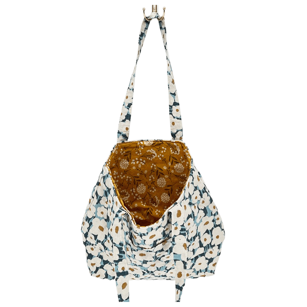 Weekender Bag, Tote Bag, Book Bag or Overnight Bag with Exterior Pockets Blue and White Flowers