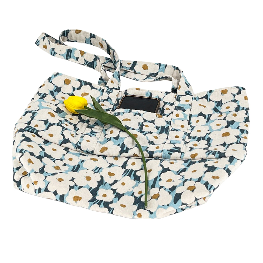Weekender Bag, Tote Bag, Book Bag or Overnight Bag with Exterior Pockets Blue and White Flowers