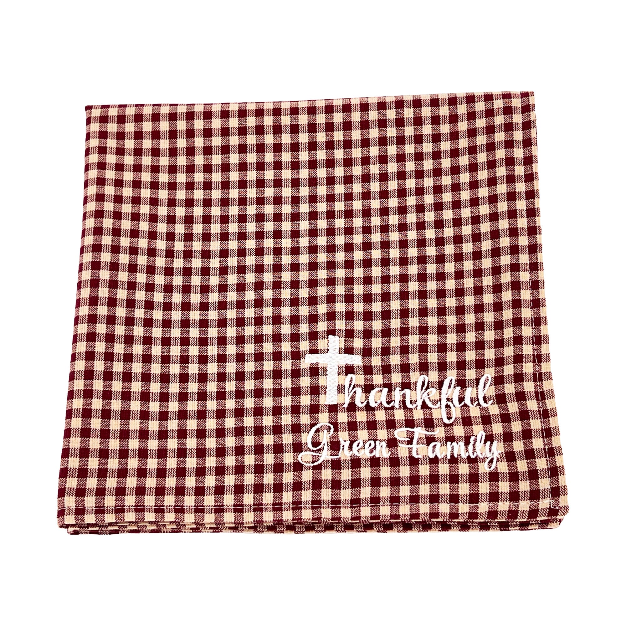 Personalized Cloth Napkins Embroidered Set of 4 Machine Washable Brown Cream Checkered