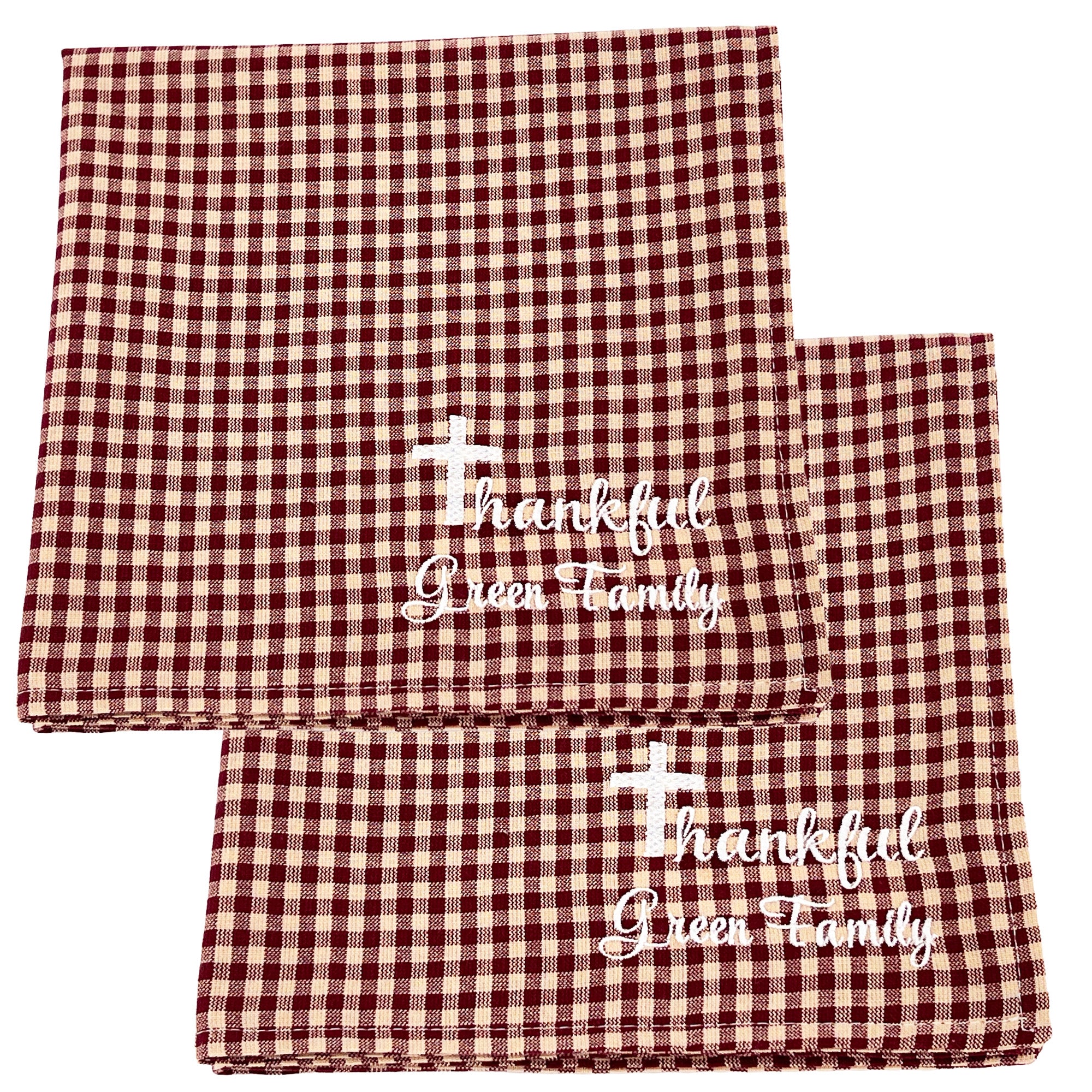 Personalized Cloth Napkins Embroidered Set of 4 Machine Washable Brown Cream Checkered