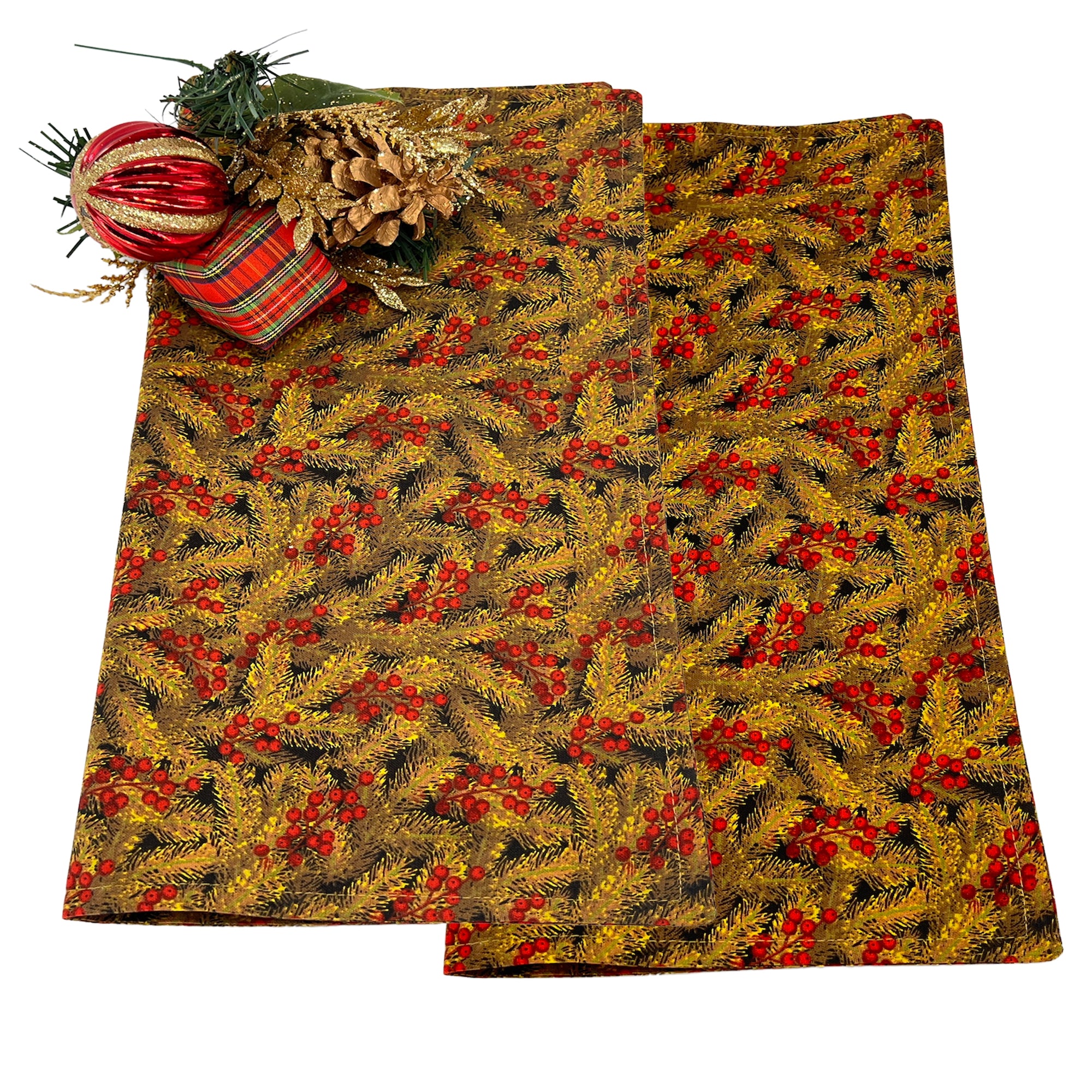 Christmas Holiday Napkins Machine Washable Made of 100% Cotton Set of 4, 6, 8 or 10 Brown with Red