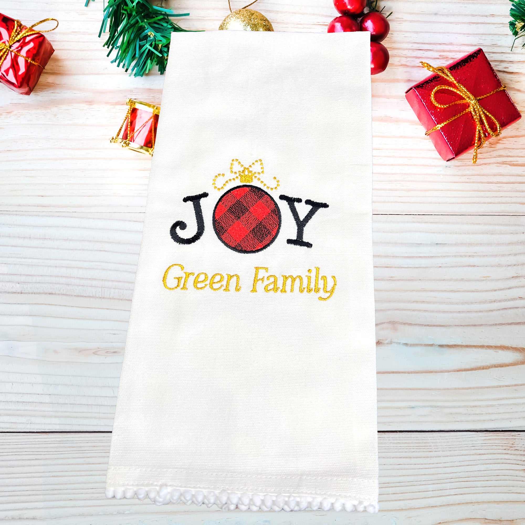 Personalized Christmas Kitchen Towel Embroidered Set of 2 Joy