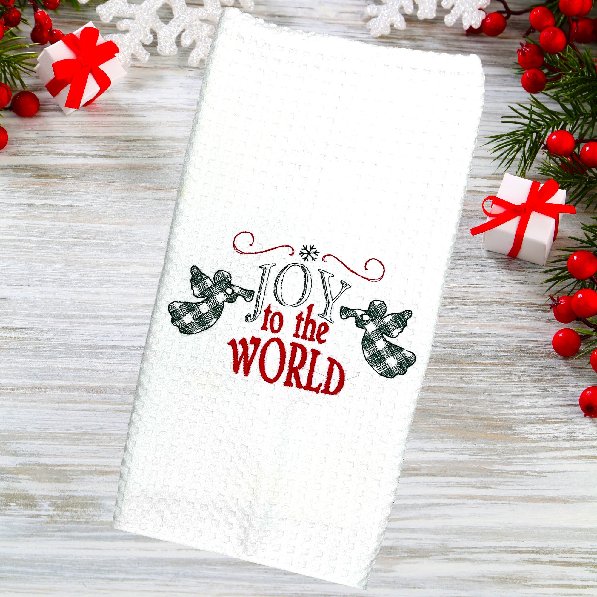 Decorative Embroidered Christmas Kitchen Towel Set of 2 Green Embroidery