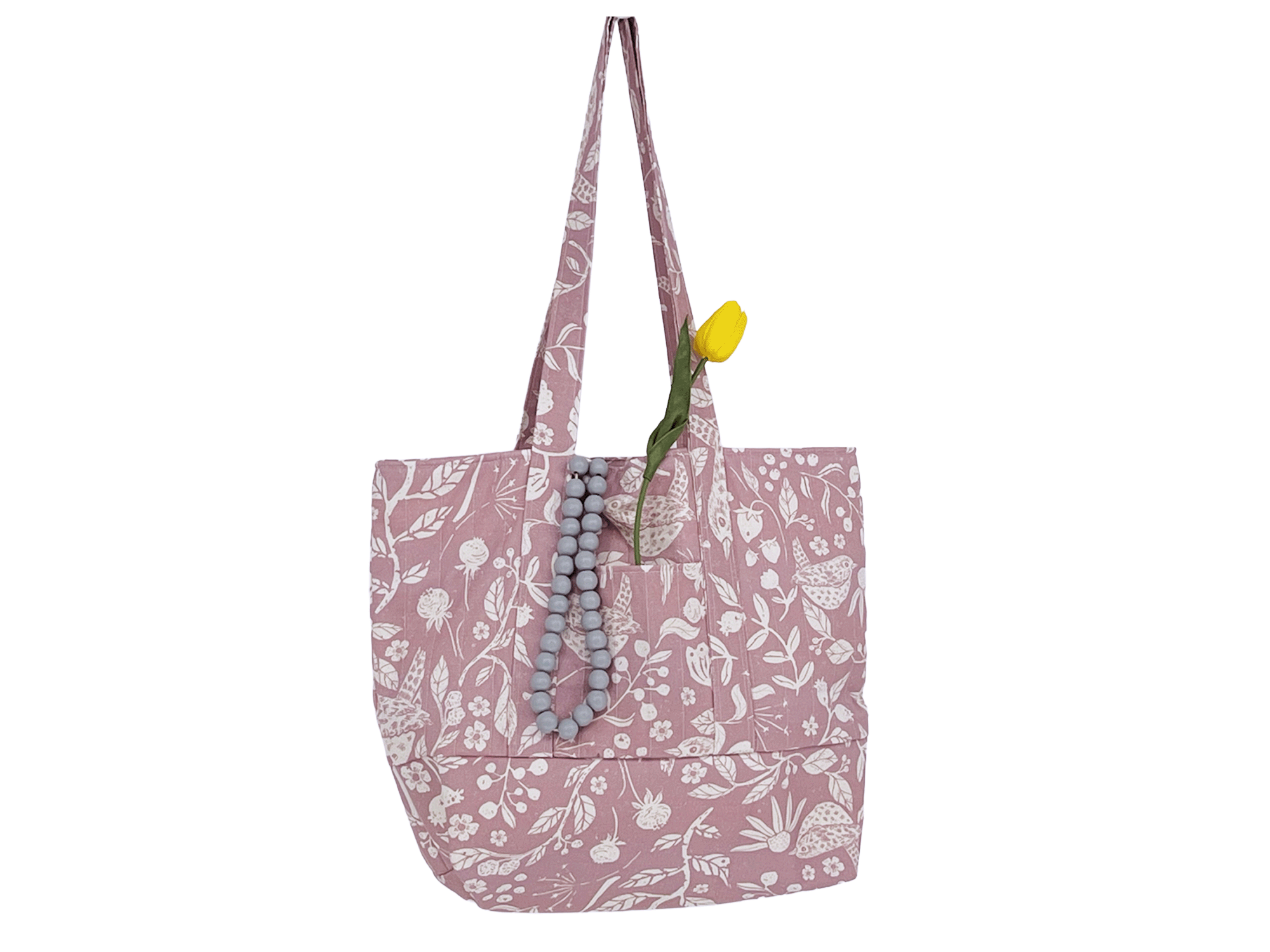 Weekender Bag, Tote Bag, Book Bag or Overnight Bag with Exterior Pockets Mauve White Birds