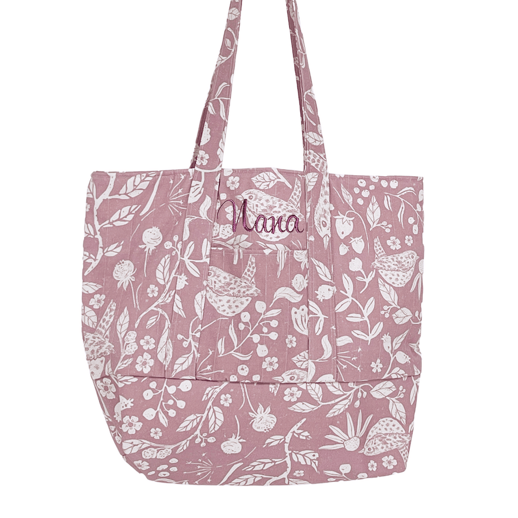 Weekender Bag, Tote Bag, Book Bag or Overnight Bag with Exterior Pockets Mauve White Birds