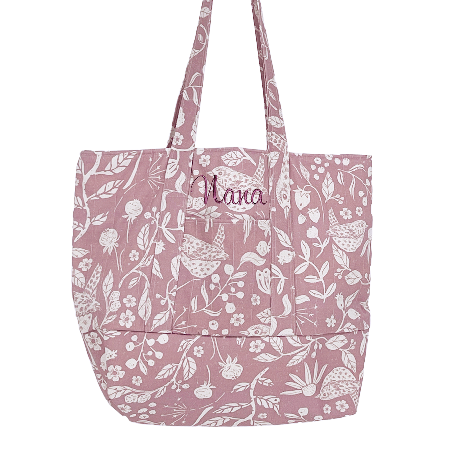 Weekender Bag, Tote Bag, Book Bag or Overnight Bag with Exterior Pockets Mauve White Birds