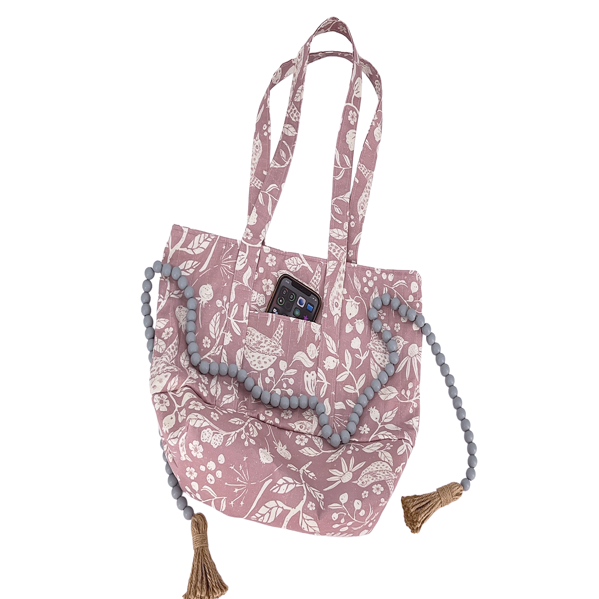 Weekender Bag, Tote Bag, Book Bag or Overnight Bag with Exterior Pockets Mauve White Birds