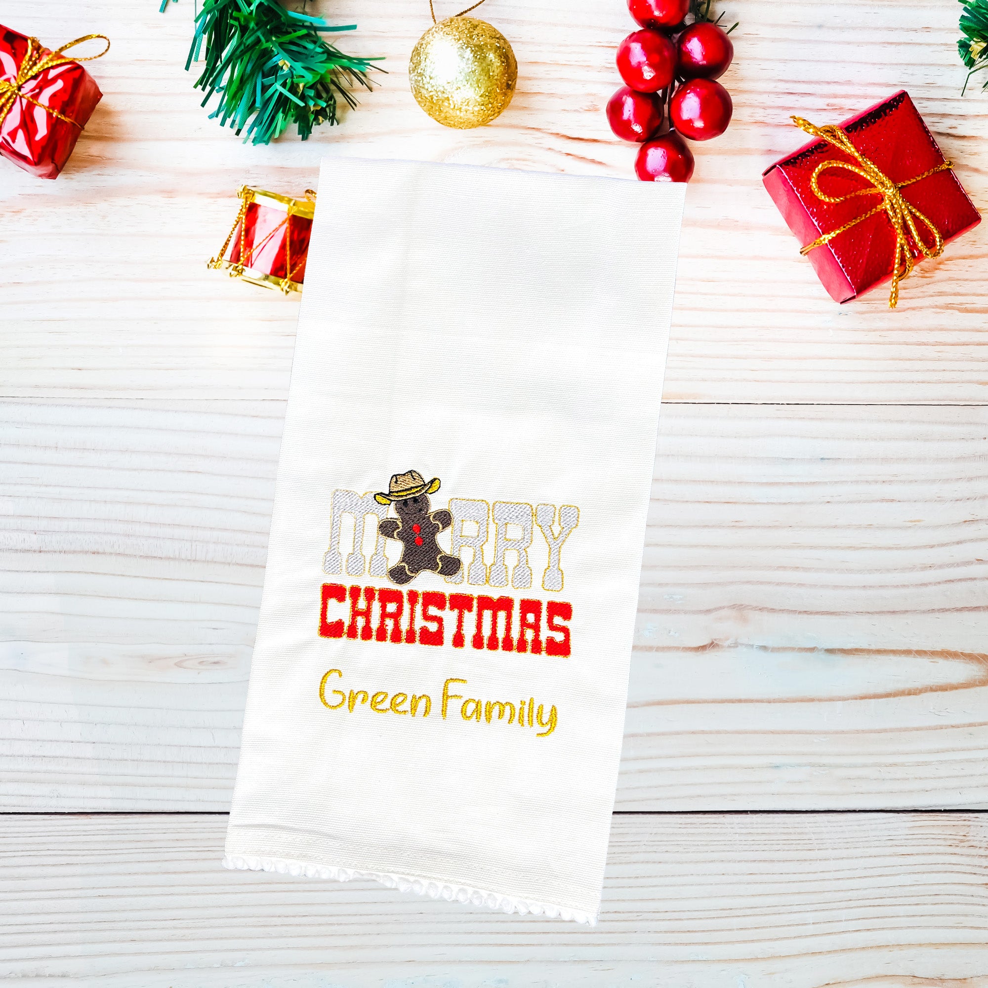 Personalized Christmas Kitchen Towel Embroidered Set of 2 Merry Christmas