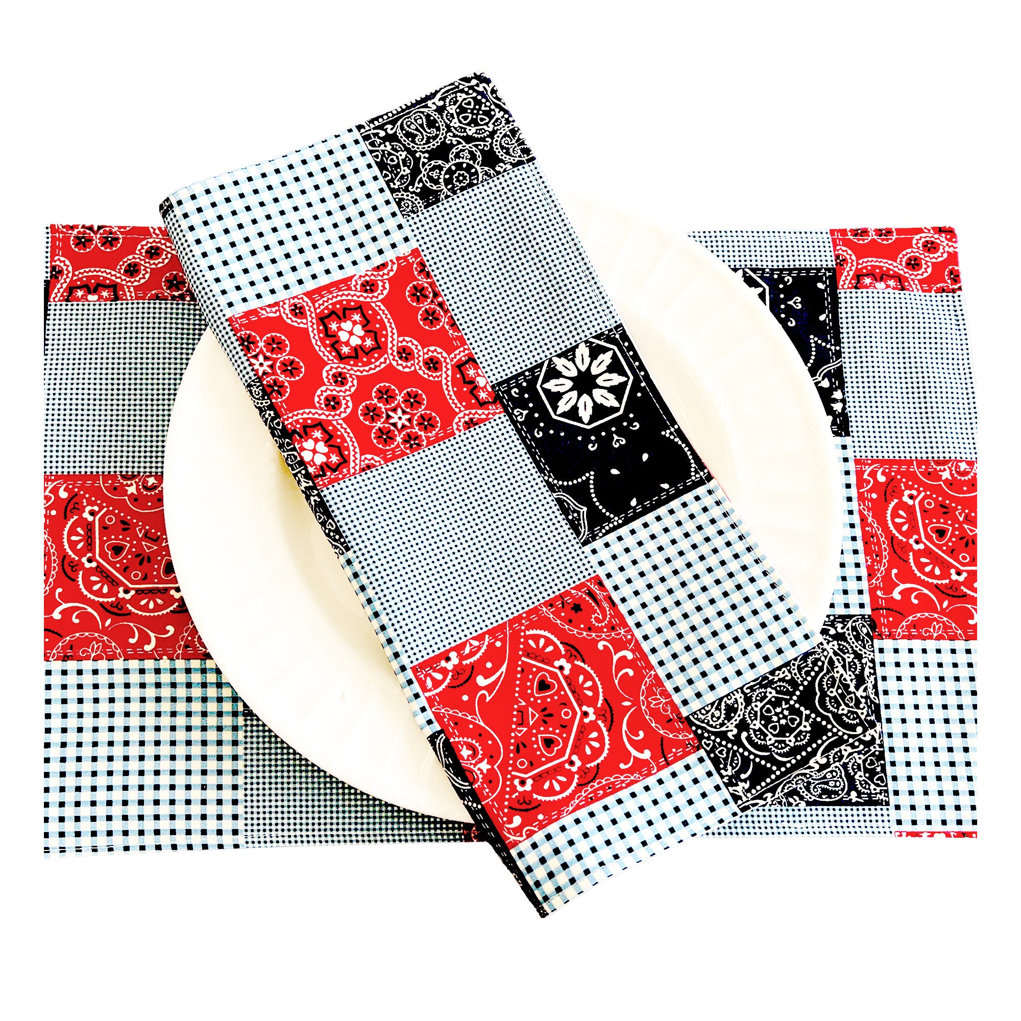 Dinner Napkins and Placemats Red Blue Patch