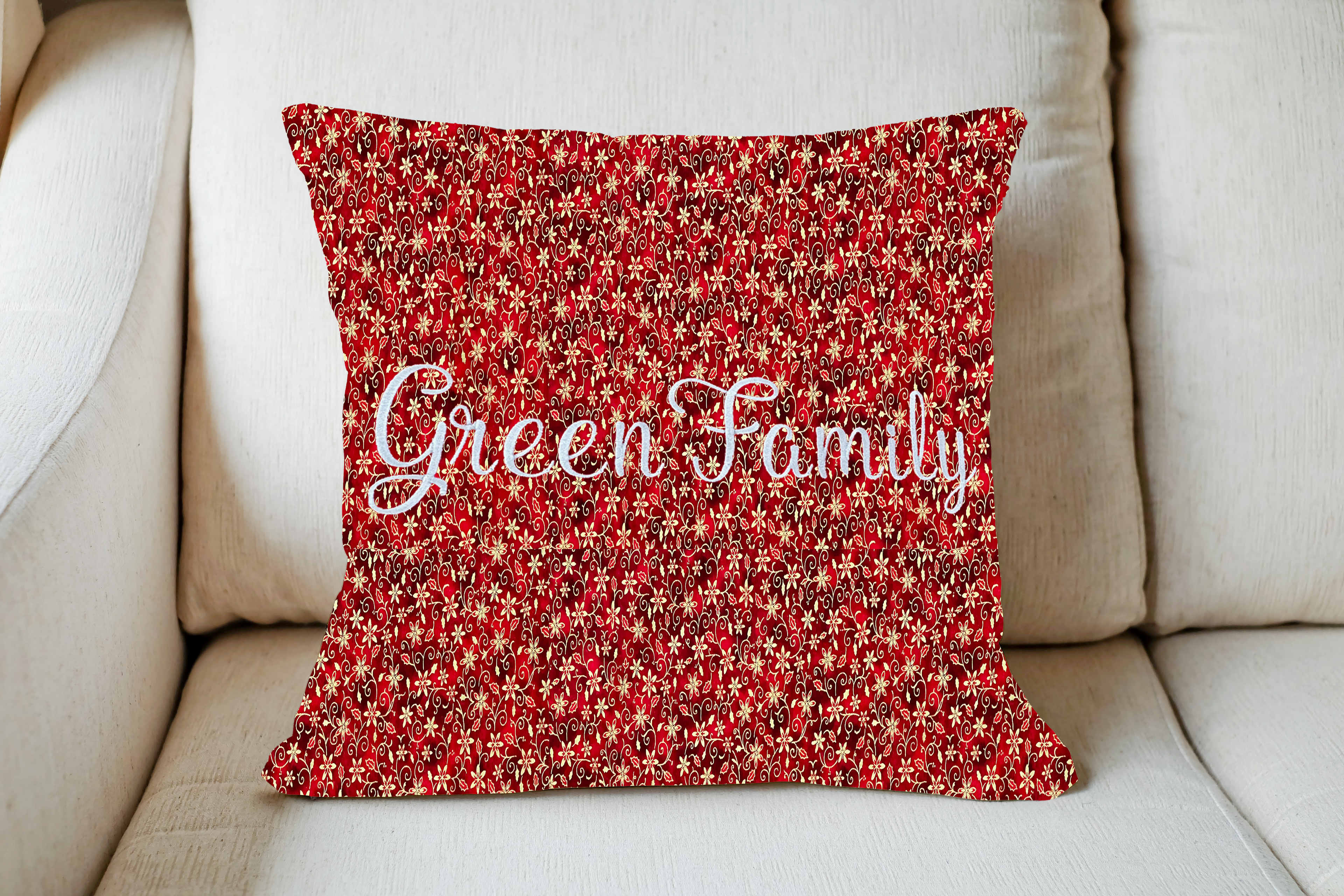 Christmas Throw Pillow Cover or Holiday Decorative Pillow Dark and Light Red Gold Flower Scroll