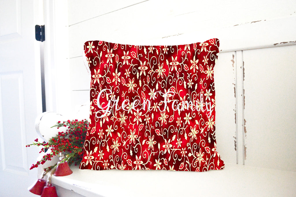 Christmas Throw Pillow Cover or Holiday Decorative Pillow Dark and Light Red Gold Flower Scroll