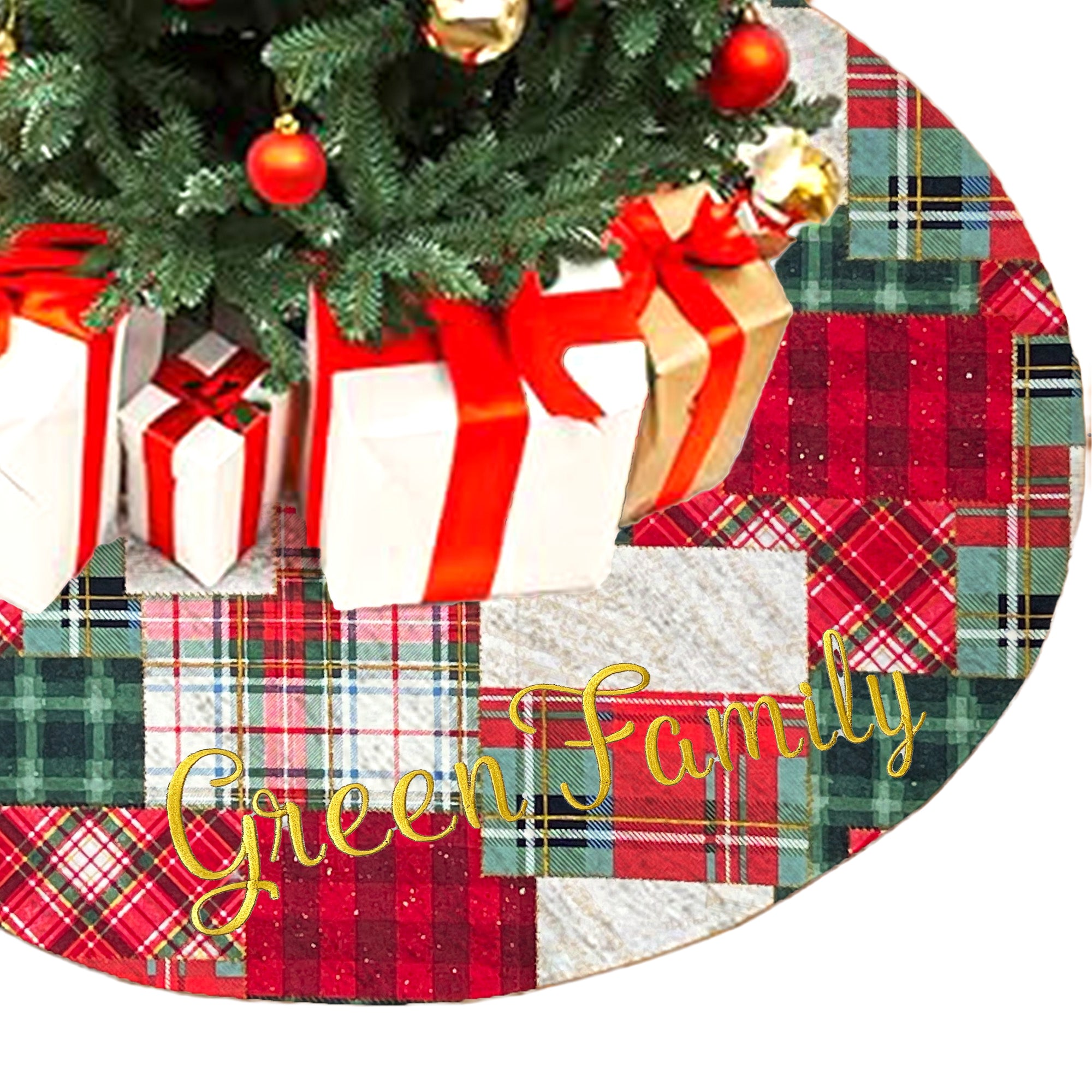 Christmas Tree Skirt Personalized Embroidered Name for Family Red Checker