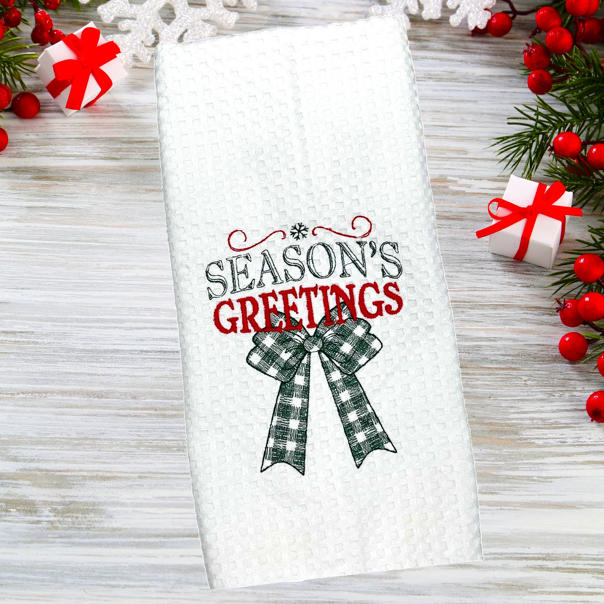 Decorative Embroidered Christmas Kitchen Towel Set of 2 Green Embroidery