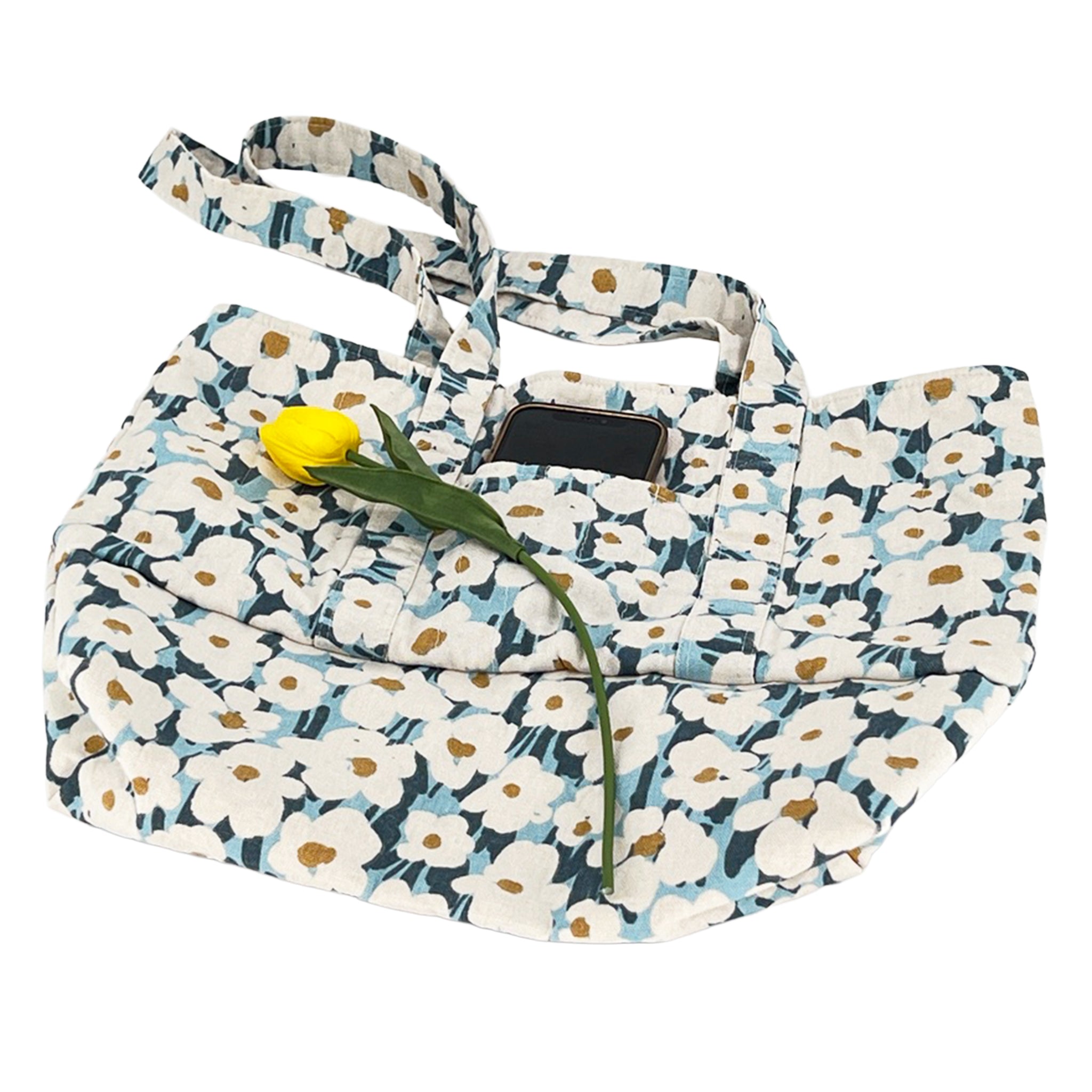 Weekender Bag, Tote Bag, Book Bag or Overnight Bag with Exterior Pockets Blue and White Flowers