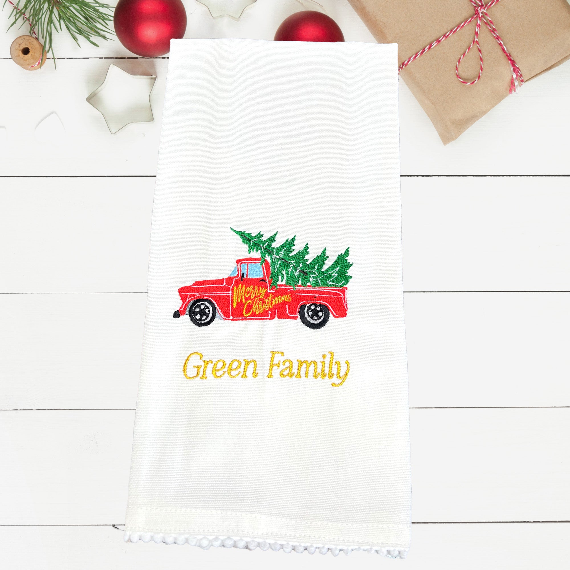 Personalized Embroidered Christmas Kitchen Towel Set of 2 Vintage Truck