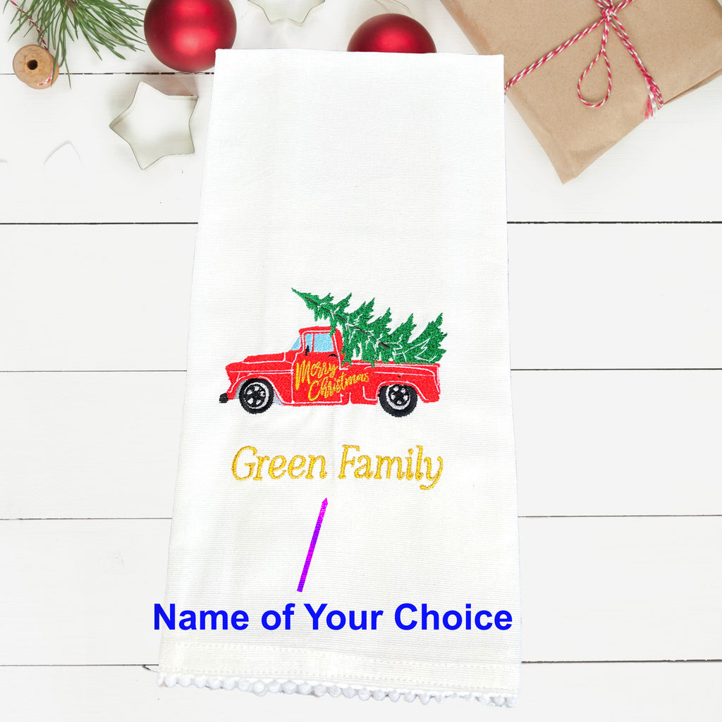 Personalized Embroidered Christmas Kitchen Towel Set of 2 Vintage Truck