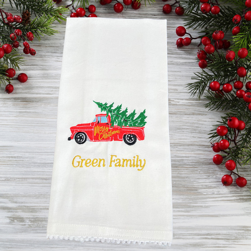 Personalized Embroidered Christmas Kitchen Towel Set of 2 Vintage Truck