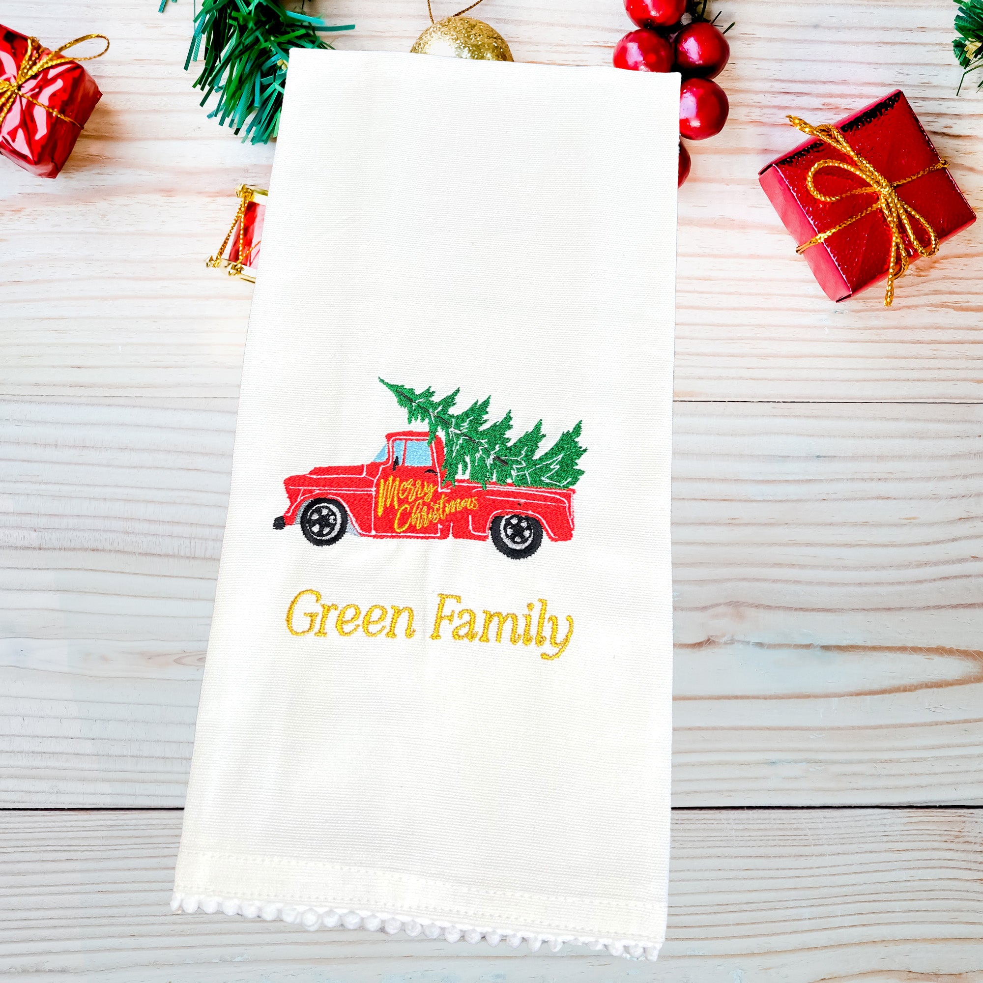 Personalized Embroidered Christmas Kitchen Towel Set of 2 Vintage Truck