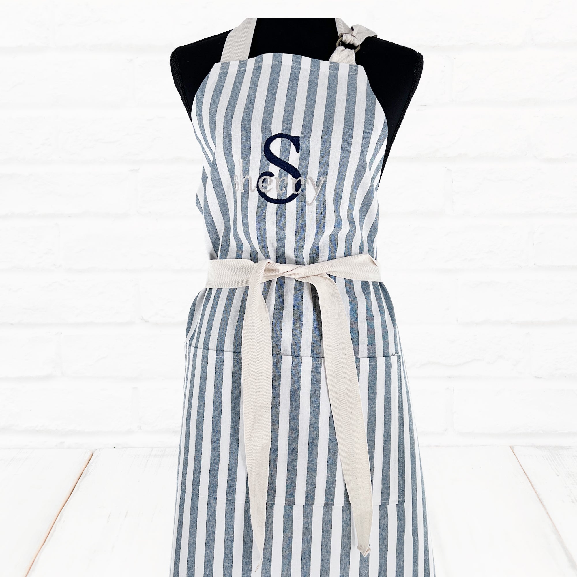 Personalized Apron XXS - 3XL with Pockets Blue White Stripe Unisex