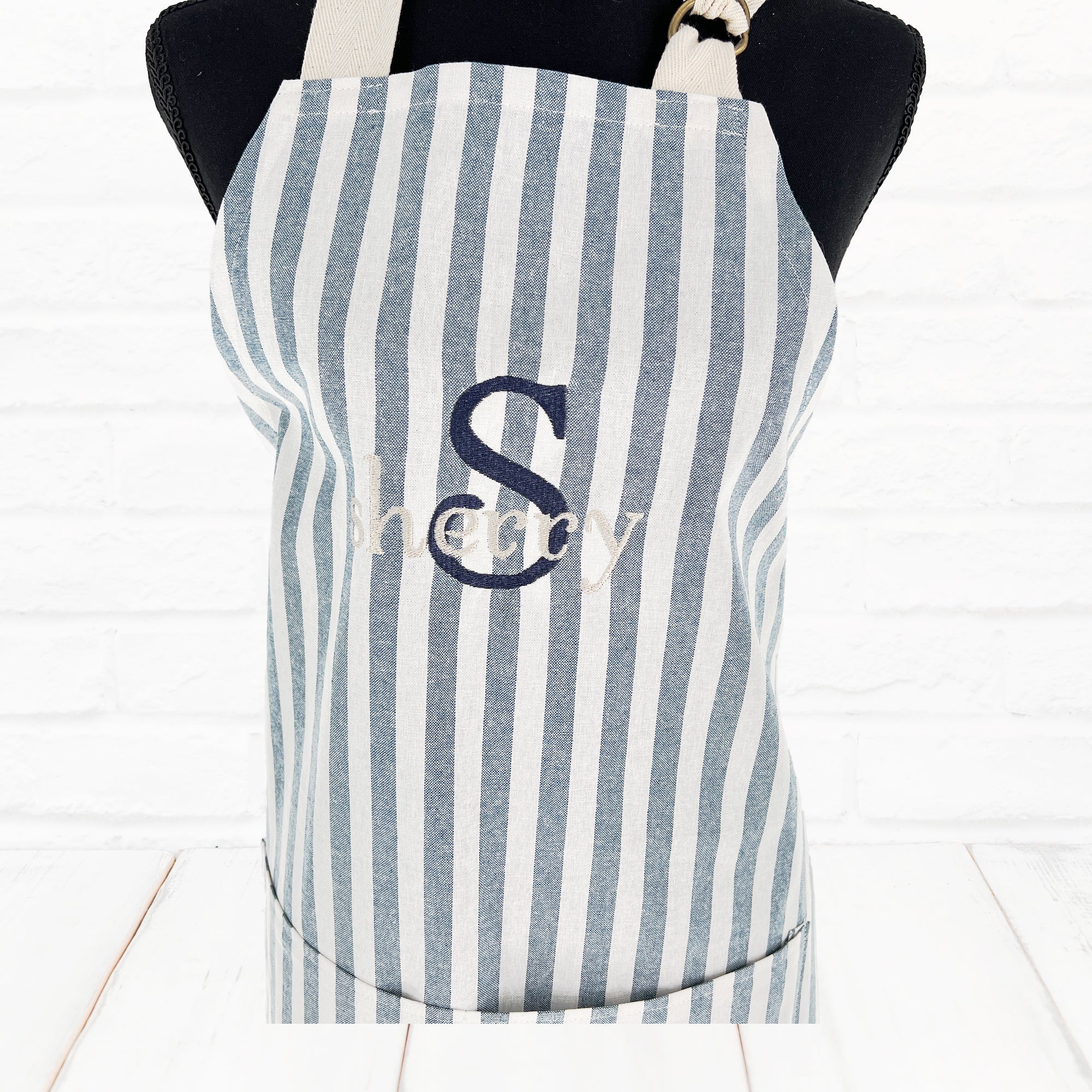 Personalized Apron XXS - 3XL with Pockets Blue White Stripe Unisex