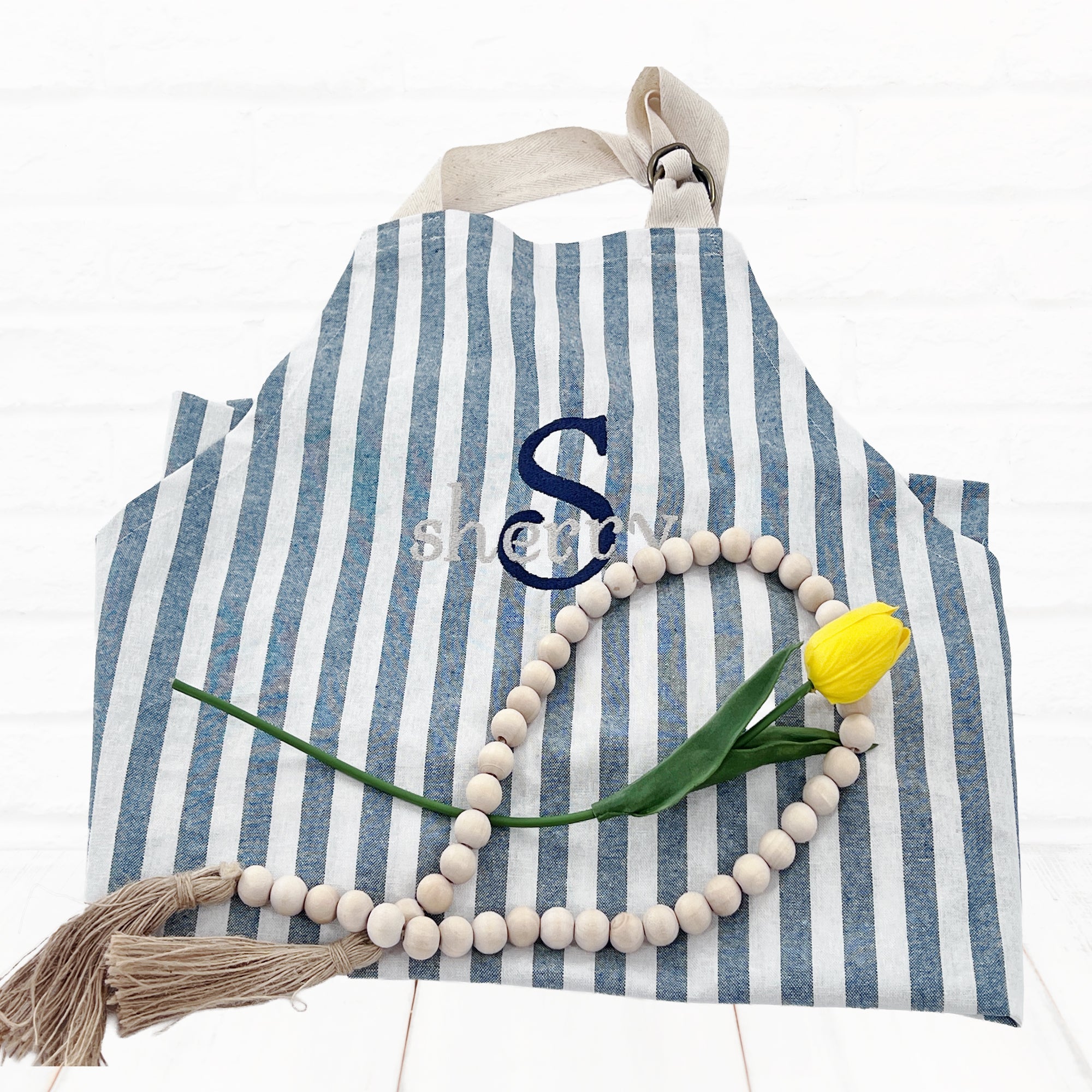 Personalized Apron XXS - 3XL with Pockets Blue White Stripe Unisex