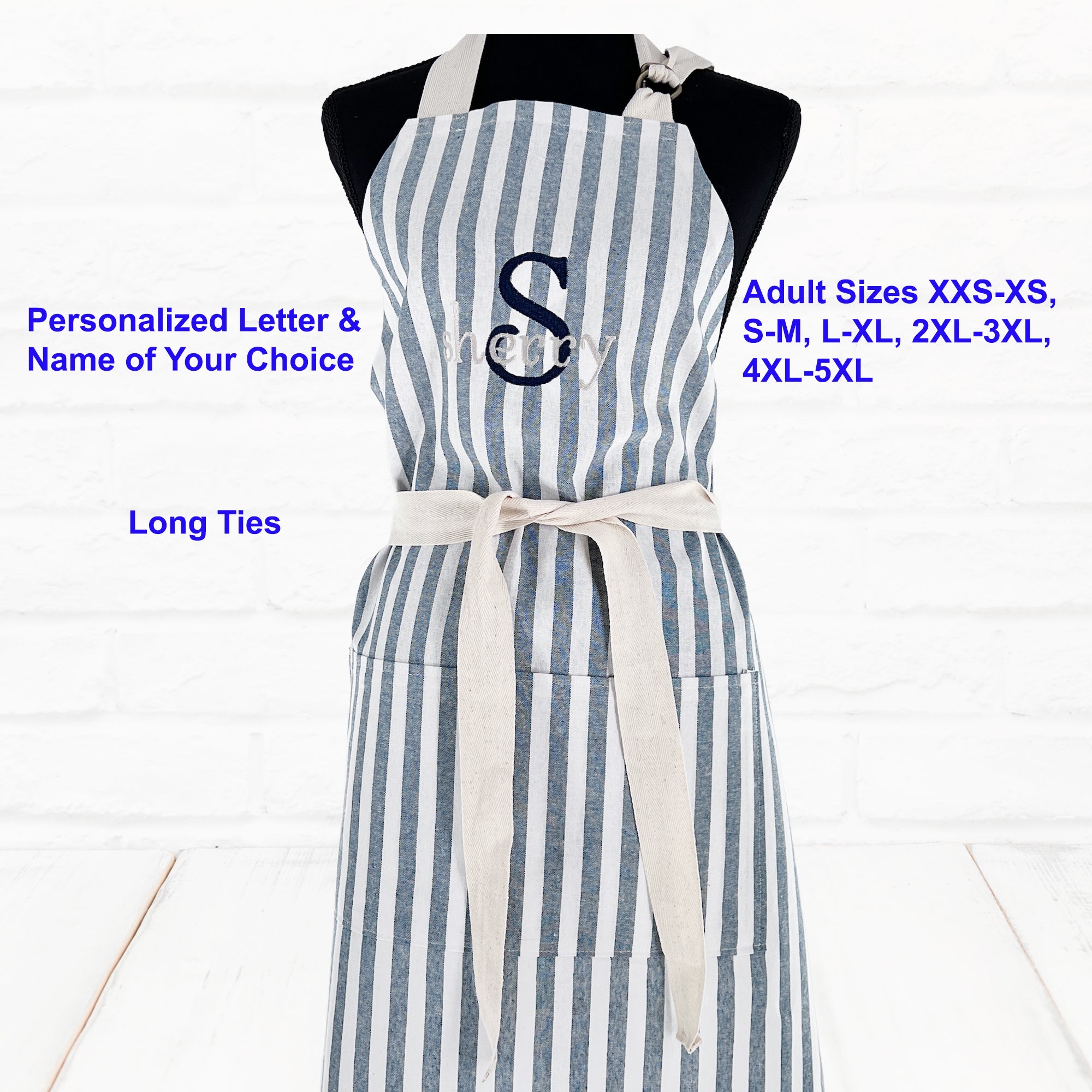 Personalized Apron XXS - 3XL with Pockets Blue White Stripe Unisex