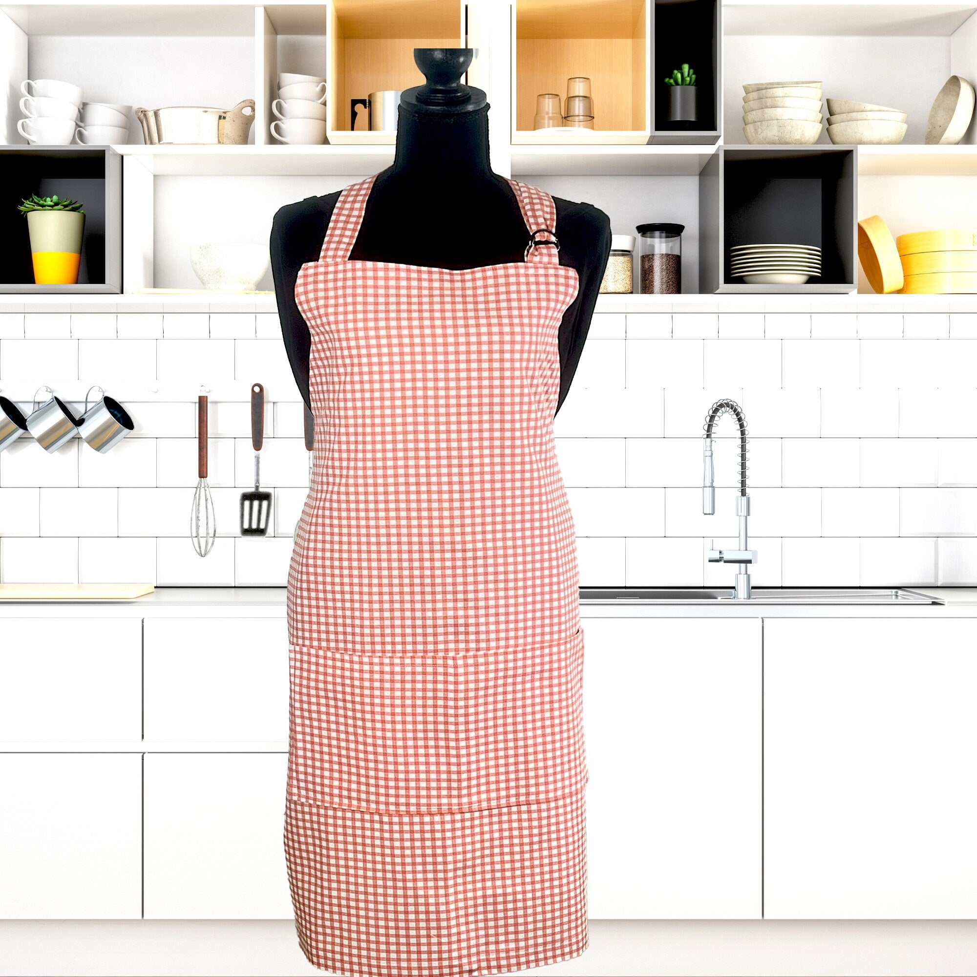 Apron for Adult Including Plus Size with Matching Child Apron Personalized with Embroidery Orange Checkered