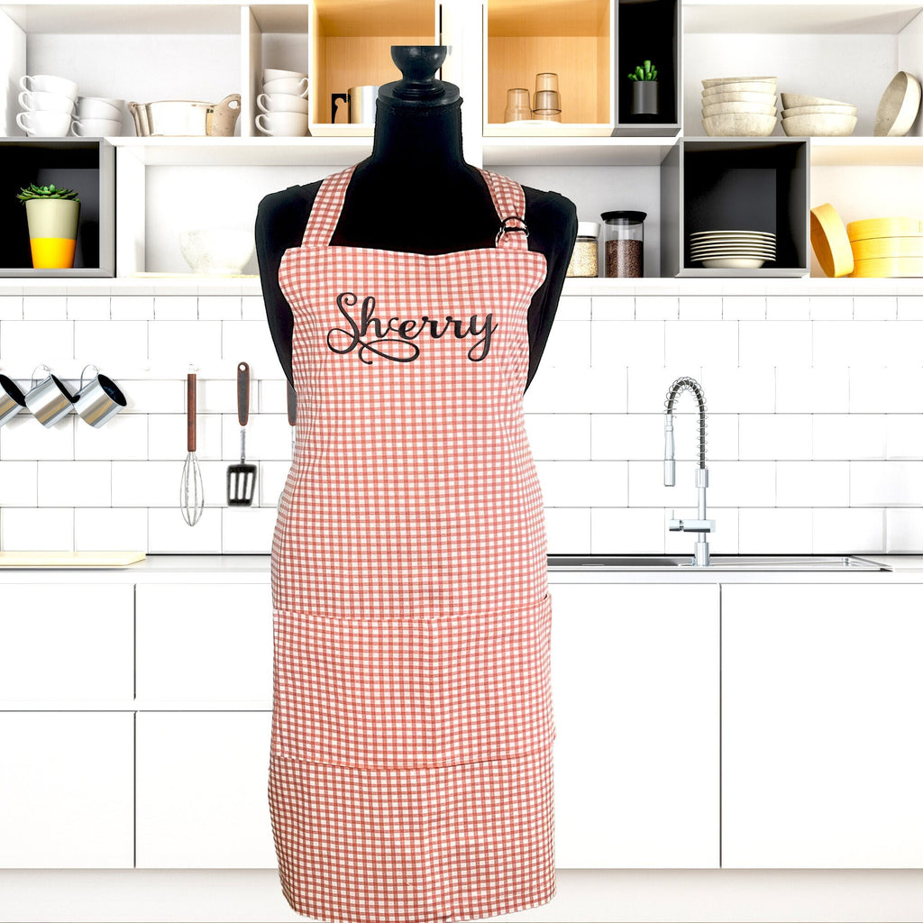 Apron for Adult Including Plus Size with Matching Child Apron Personalized with Embroidery Orange Checkered