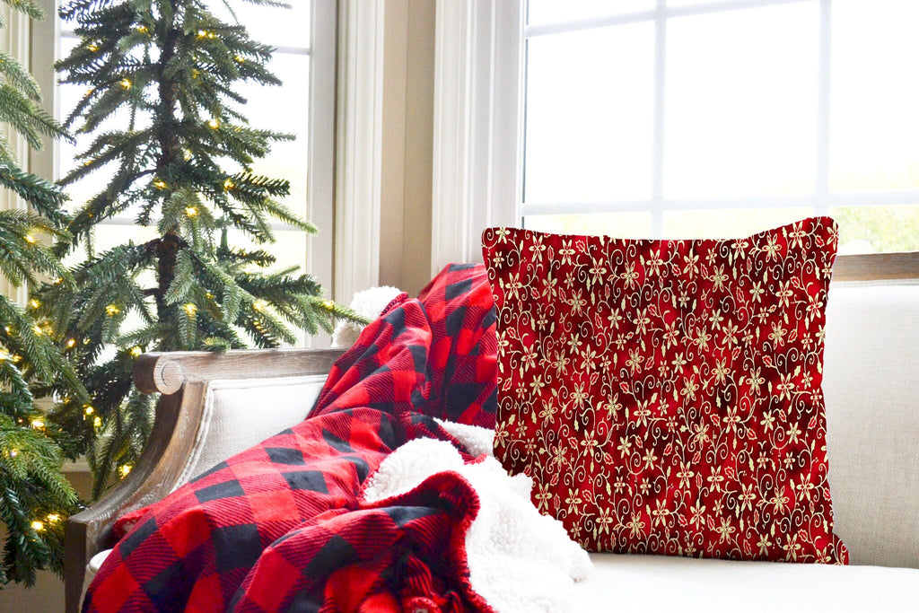 Christmas Throw Pillow Cover or Holiday Decorative Pillow Dark and Light Red Gold Flower Scroll