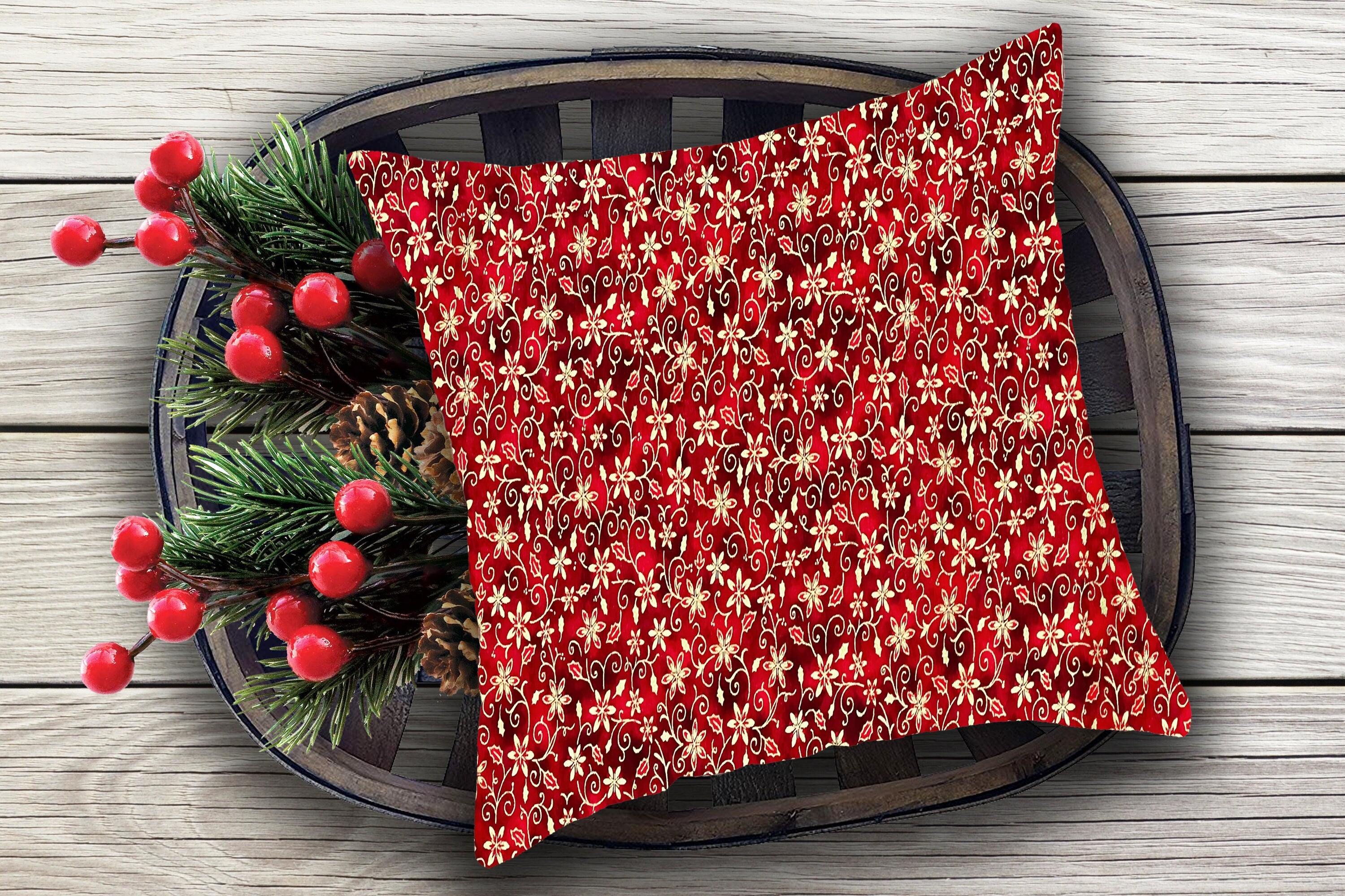 Christmas Throw Pillow Cover or Holiday Decorative Pillow Dark and Light Red Gold Flower Scroll