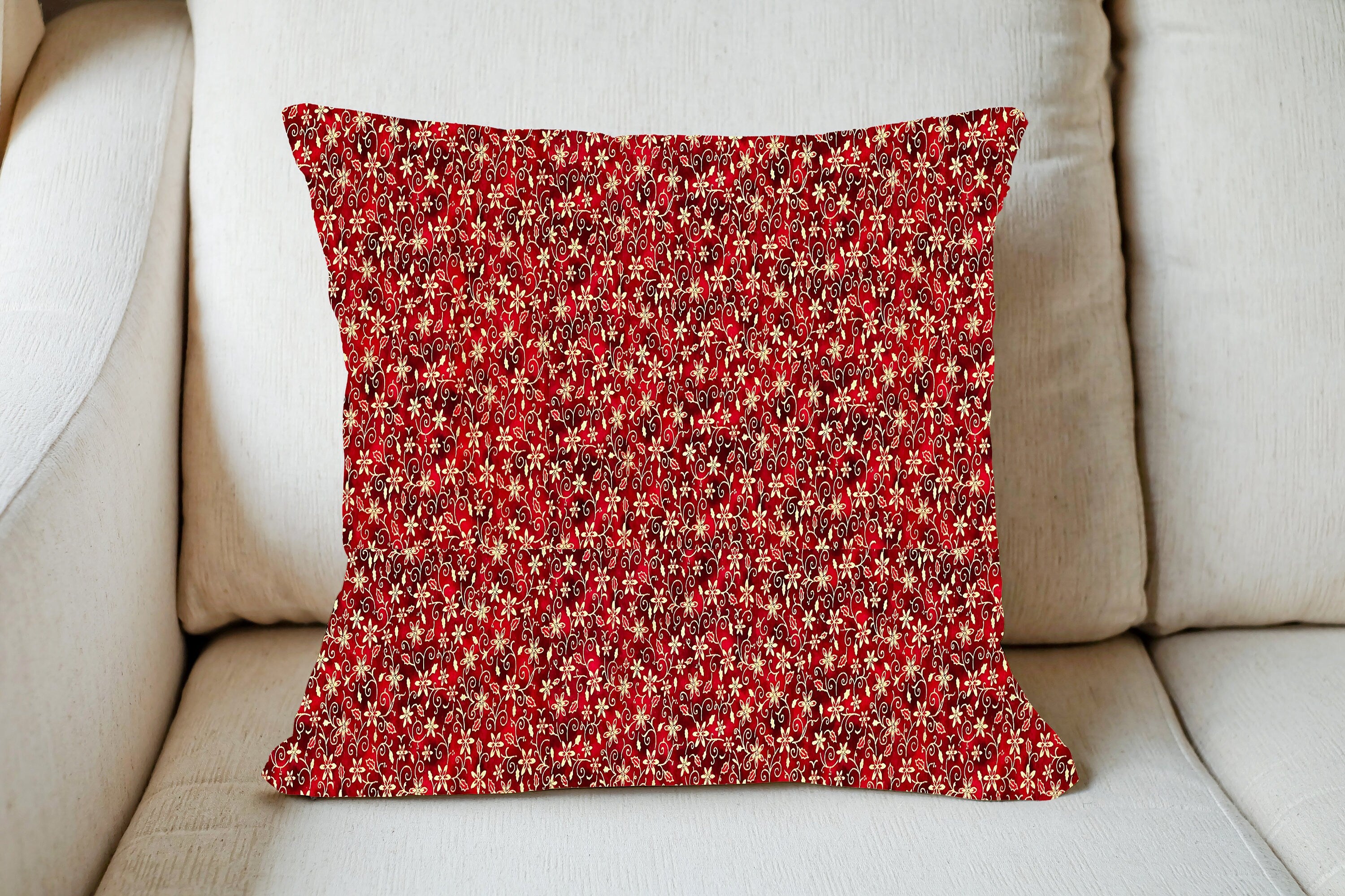 Christmas Throw Pillow Cover or Holiday Decorative Pillow Dark and Light Red Gold Flower Scroll